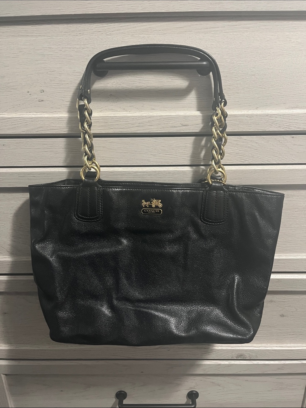 Coach Black Leather Shoulder Tote with Gold Chain Handles